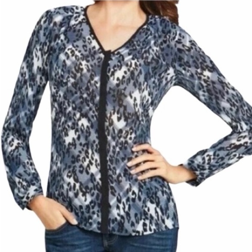 CAbi Leopard Print V-Neck Blouse - Blue and Black